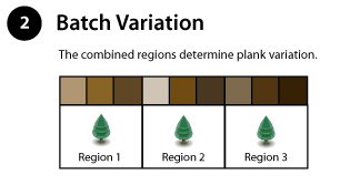 Batch Variation Part 2 of Wildly Beautiful Color Variation Region and Batch Variation Chart illustrates the natural color variation that occurs with trees from different regions.