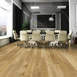 Product Esquire Maple Wood-like waterproof commercial grade flooring by Hallmark Floors. Ez-Loc waterproof rigid flooring installed in an office.