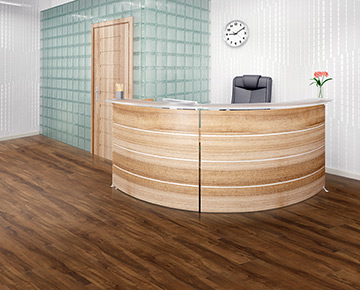 The floors are Intrepid Maple from the Polaris waterproof commercial flooring collection.